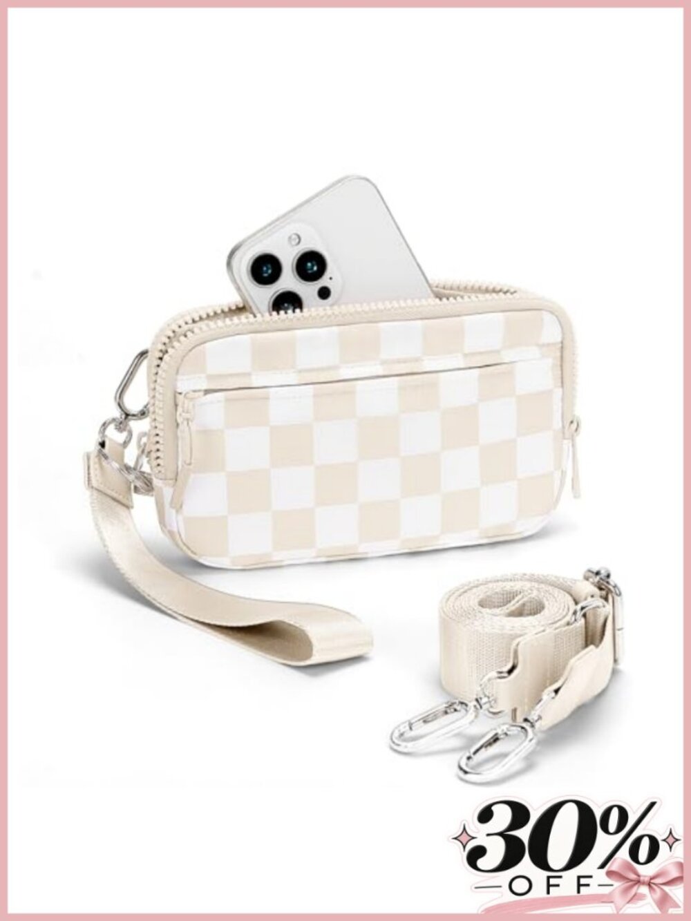 Checkered Nylon Wristlet Wallet with ID Window, Crossbody Bum Bag, 4 Zippers